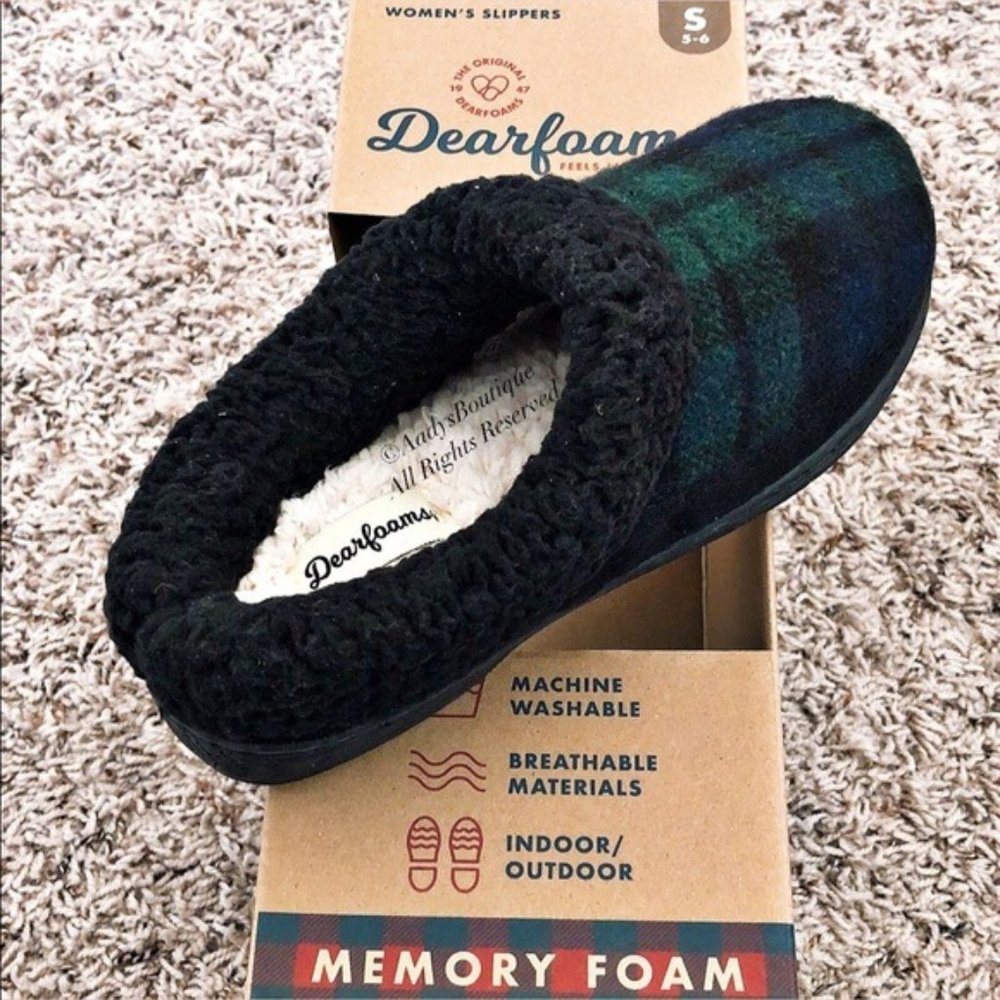 Dearfoams Plaid Clog Slippers Memory Foam SIZE Green & Navy NWT - Picture 2 of 8